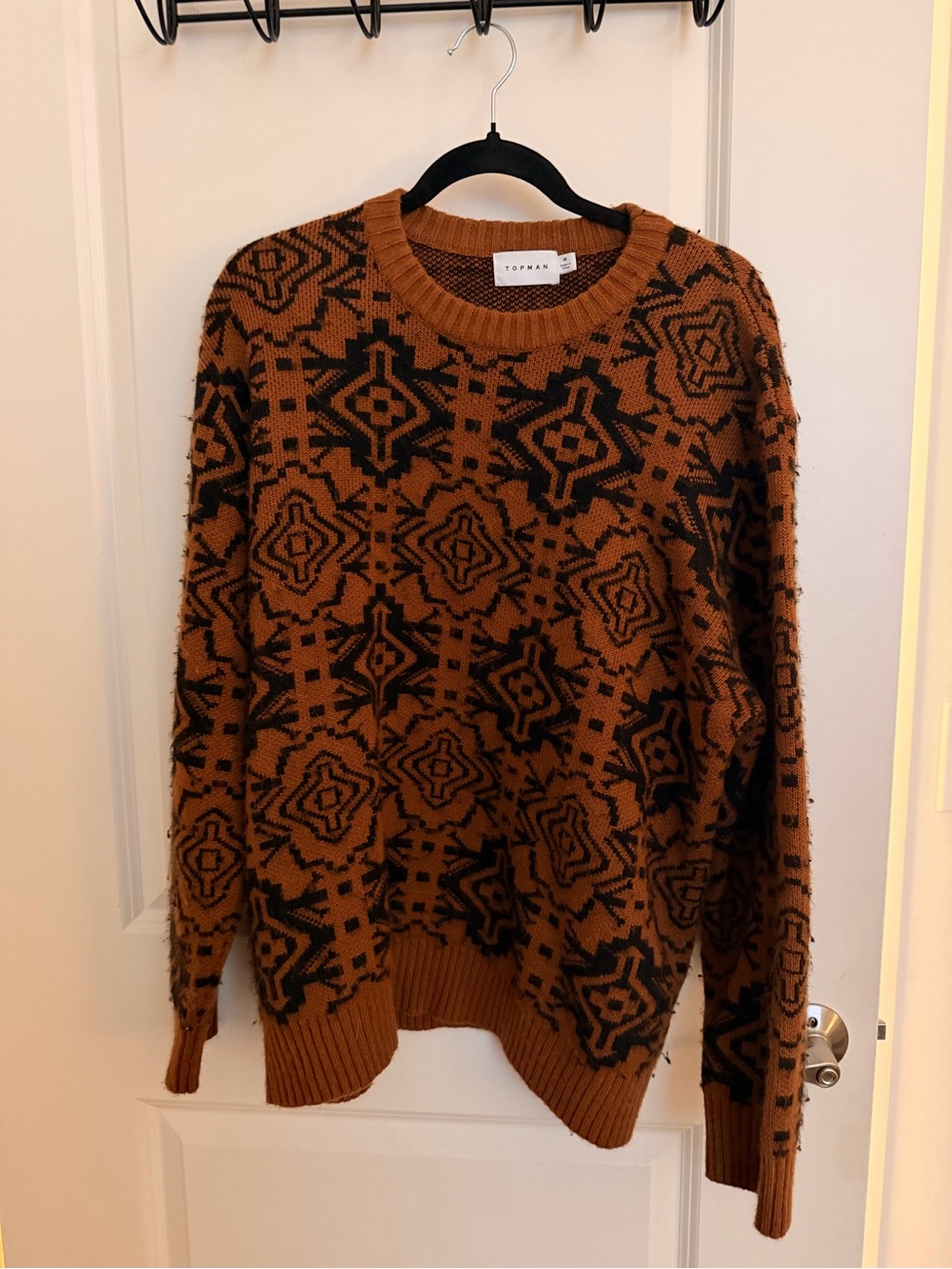 Topman Rust Brown and Black Geometric Crewneck Sweater